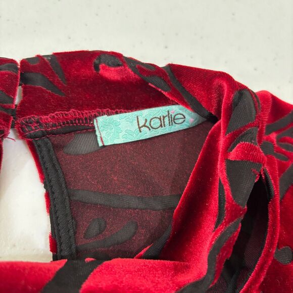 Karlie Red Burnout Velvet Top Women M Neck Cutout Floral Dark Fairy Romantic - Picture 8 of 9